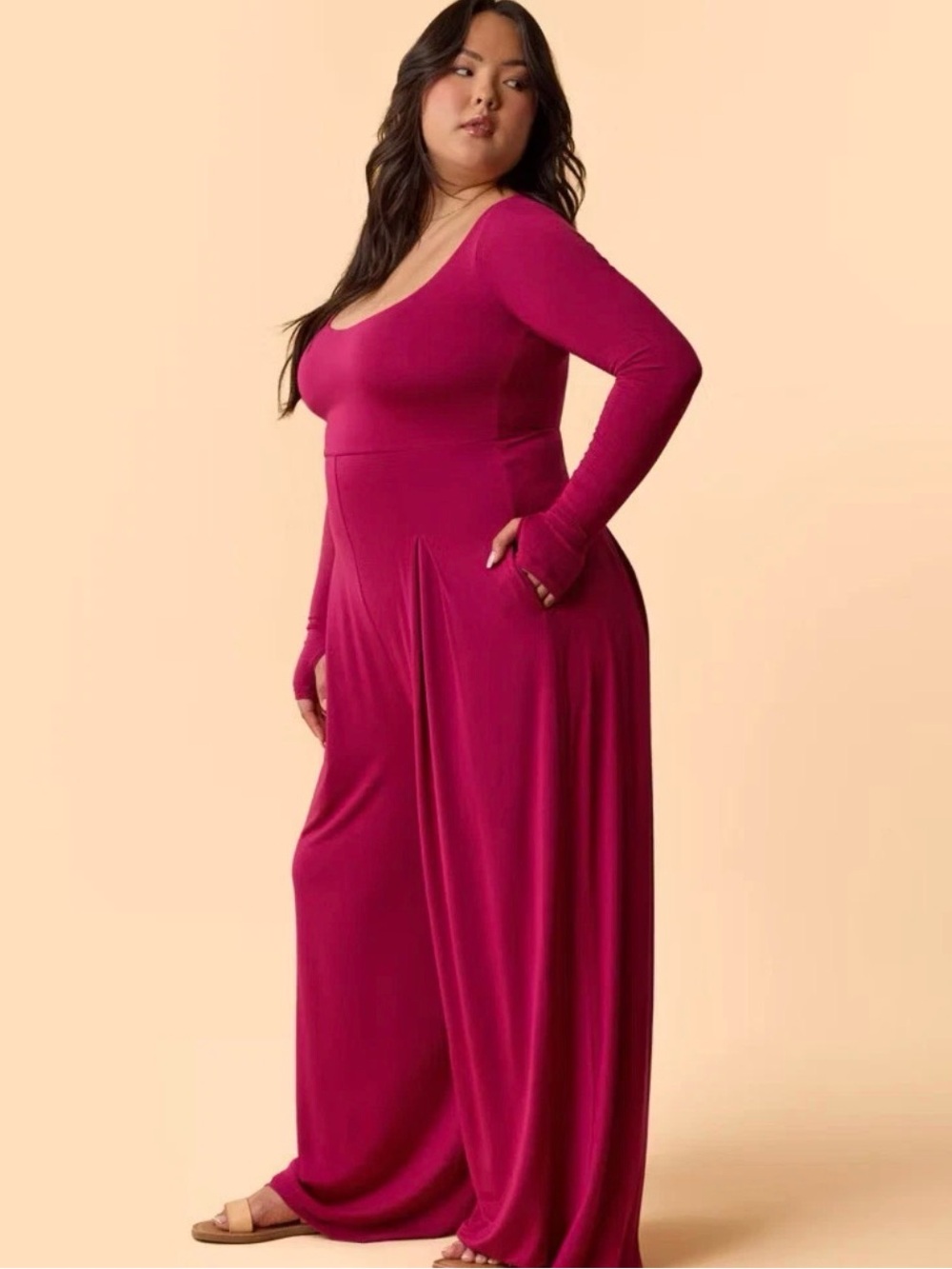 NWT Blogilates Cascade V-Neck Wide Leg Jumpsuit Burgundy Plus Size 3X - Picture 4 of 6